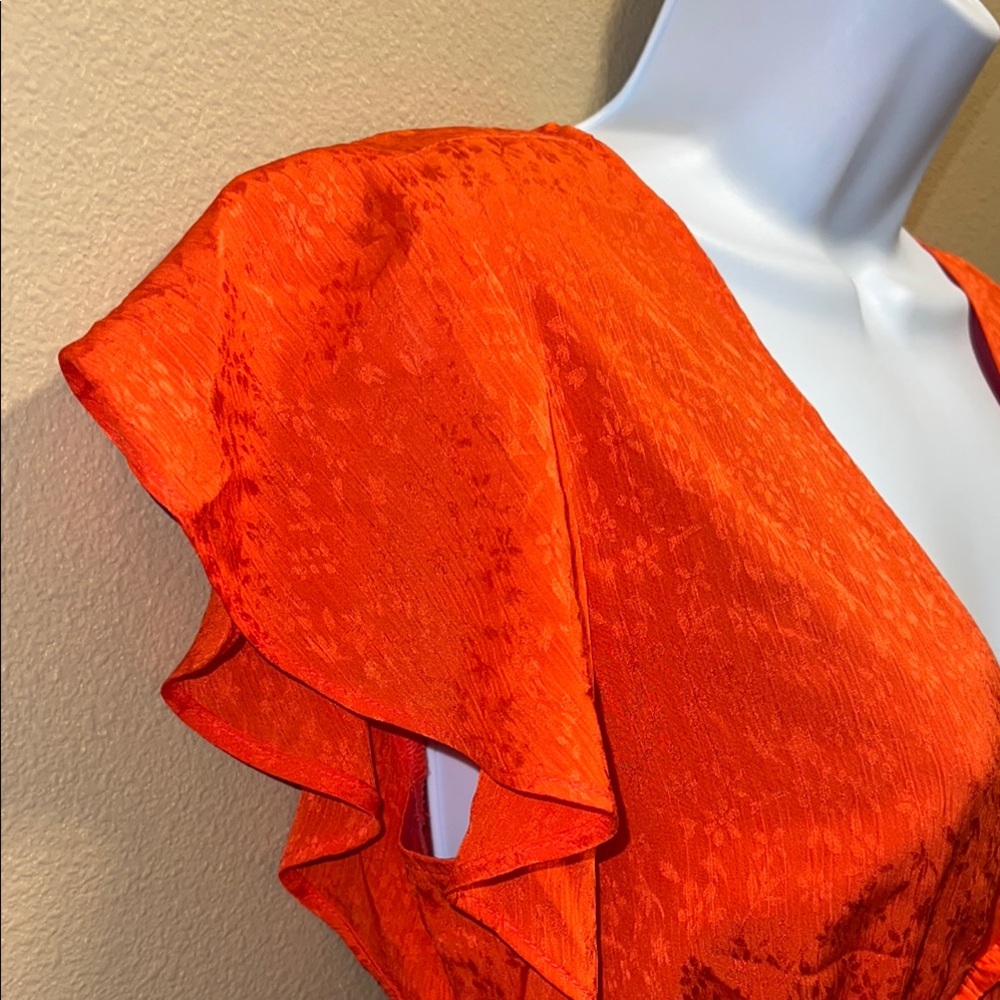 Leith Orange Red Smocked Midi Dress V-Neck Flutter Sleeve Side Slit Size XS - Picture 9 of 12